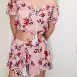 Pink Off-the-shoulder Cropped Romper
